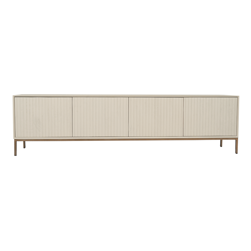 TV-Board Mandy Sand – Mangoholz mit Lattenmuster & Bronze-Gestell, 210 x 45 x 55 cm