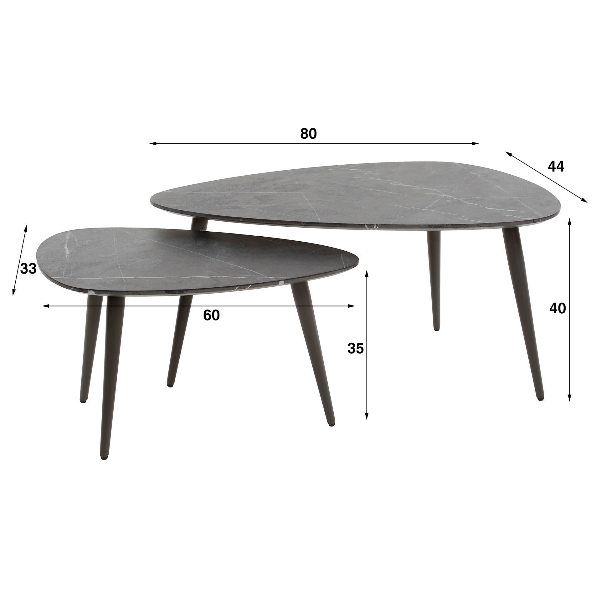 Couchtisch-Set Arezzo – 2 Tische in organischer Birnenform mit Keramikoptik & Stahlgestell, 80 x 44 x 40 cm, modernes Wohnzimmerset