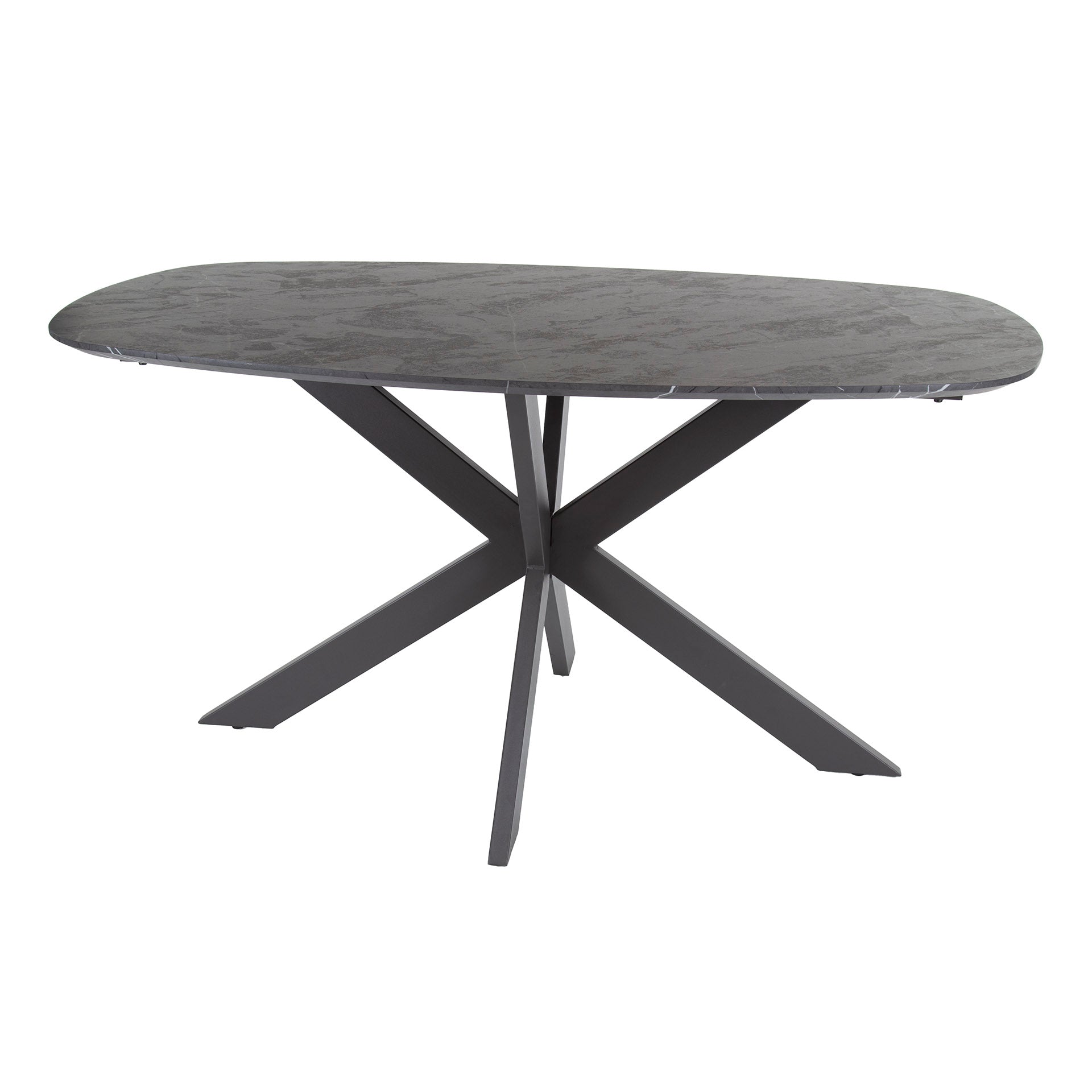 Esstisch Taviano – Ovaler Tisch in Keramikoptik mit schwarzem Spinnengestell, 150 x 90 x 76 cm, moderner Esszimmertisch