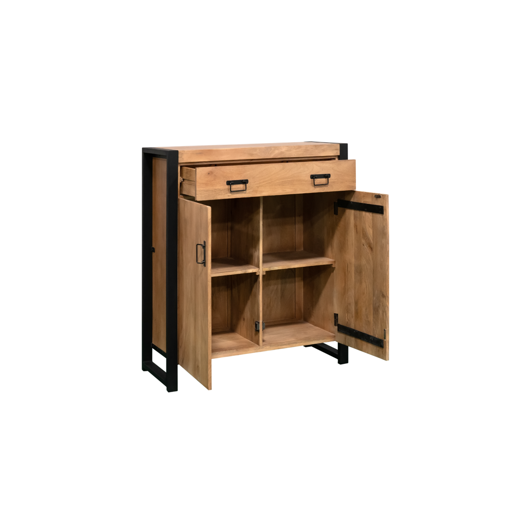 Schrank Bori – Mangoholzschrank 100×40×115 cm mit 2 Türen & 1 Schublade, Metallrahmen Schwarz