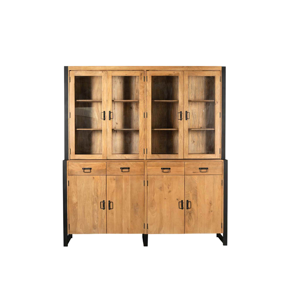 Vitrine Bori XXL Schwarz – Mangoholz & Metall, 200 x 45 x 220 cm, modernes Highboard mit Türen & Schubladen