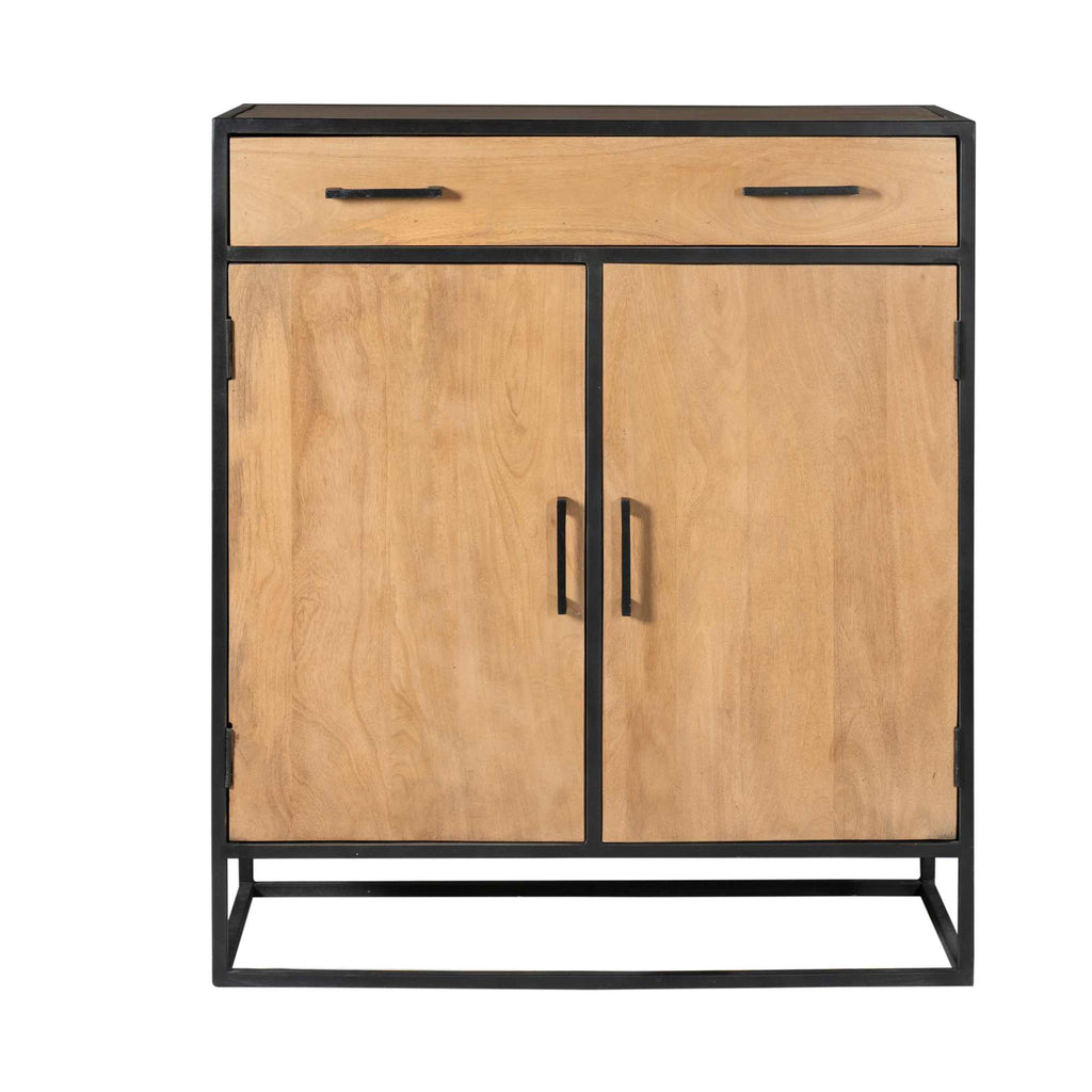 Schrank Delta aus Mangoholz mit Metallgestell – 2 Türen & 1 Schublade, modernes Design in Schwarz, 100 x 40 x 115 cm