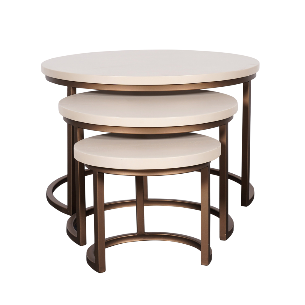 Couchtisch Madison Sand – 3er-Set runde Tische aus Mangoholz & Metall, Natur/Bronze, 70/50/35 cm