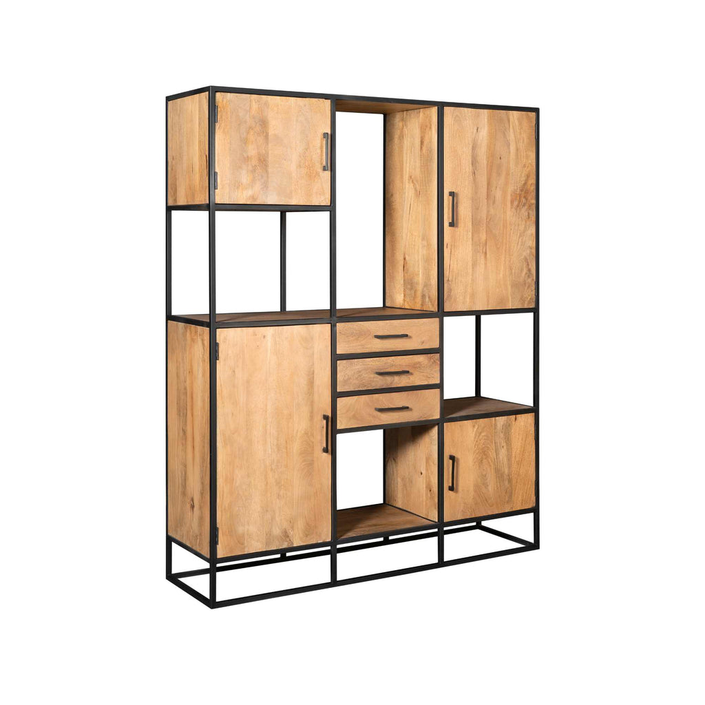 Regalschrank Delta Supreme XXL – Wandschrank aus Mangoholz mit Metallgestell, 2 große & 2 kleine Türen, 3 Schubladen, 160 x 45 x 200 cm