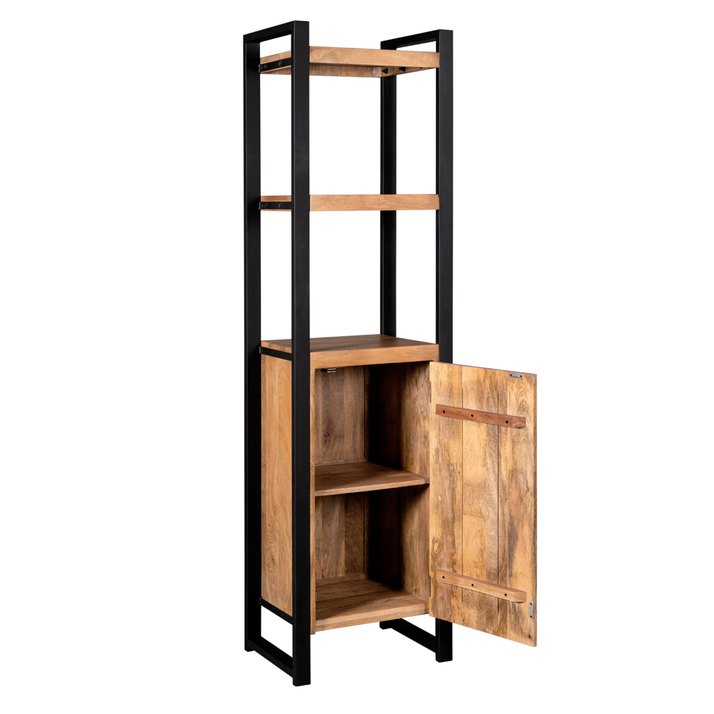 Bücherregal Bori 55x40x200 cm – Massiver Mangoholz Schrank mit Metallrahmen & Tür im modernen Design