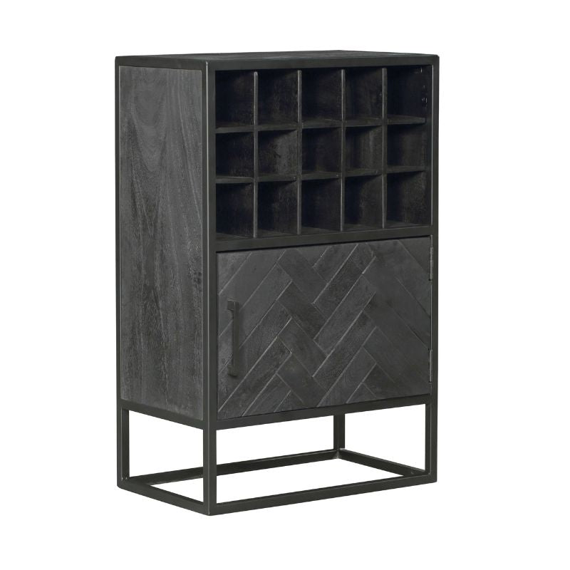 Weinbar Sydney Schwarz 55x35x90 cm – Stilvolle Minibar aus Mangoholz mit Fischgrätmuster & Stauraum für Gläser & Flaschen