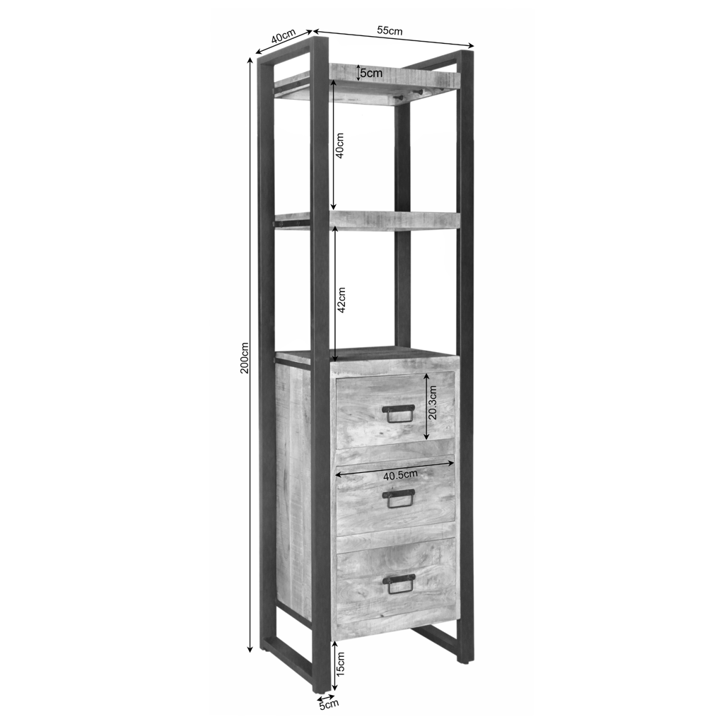 Bücherregal Bori – Mangoholz & Metall, 55 x 40 x 200 cm