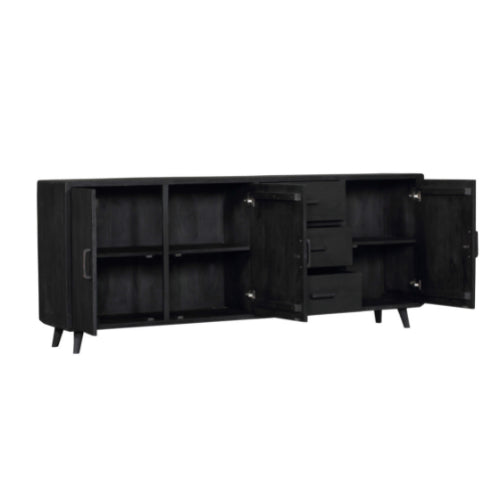 Sideboard Raven Schwarz – Mangoholz mit 3 Türen & 3 Schubladen, 220 x 45 x 90 cm