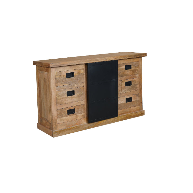 Sideboard Nizza – Mangoholz Kommode mit Metalltüren, 160×90×45 cm, stilvolles Möbelstück mit 1 Tür & 6 Schubladen im Holzstreifen-Design
