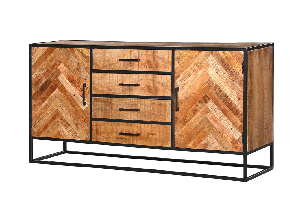 Sideboard Bori Schwarz – Mangoholz mit Metallgestell & 2 Türen, 3 Schubladen, 160 x 40 x 80 cm, modernes Stauraum-Design