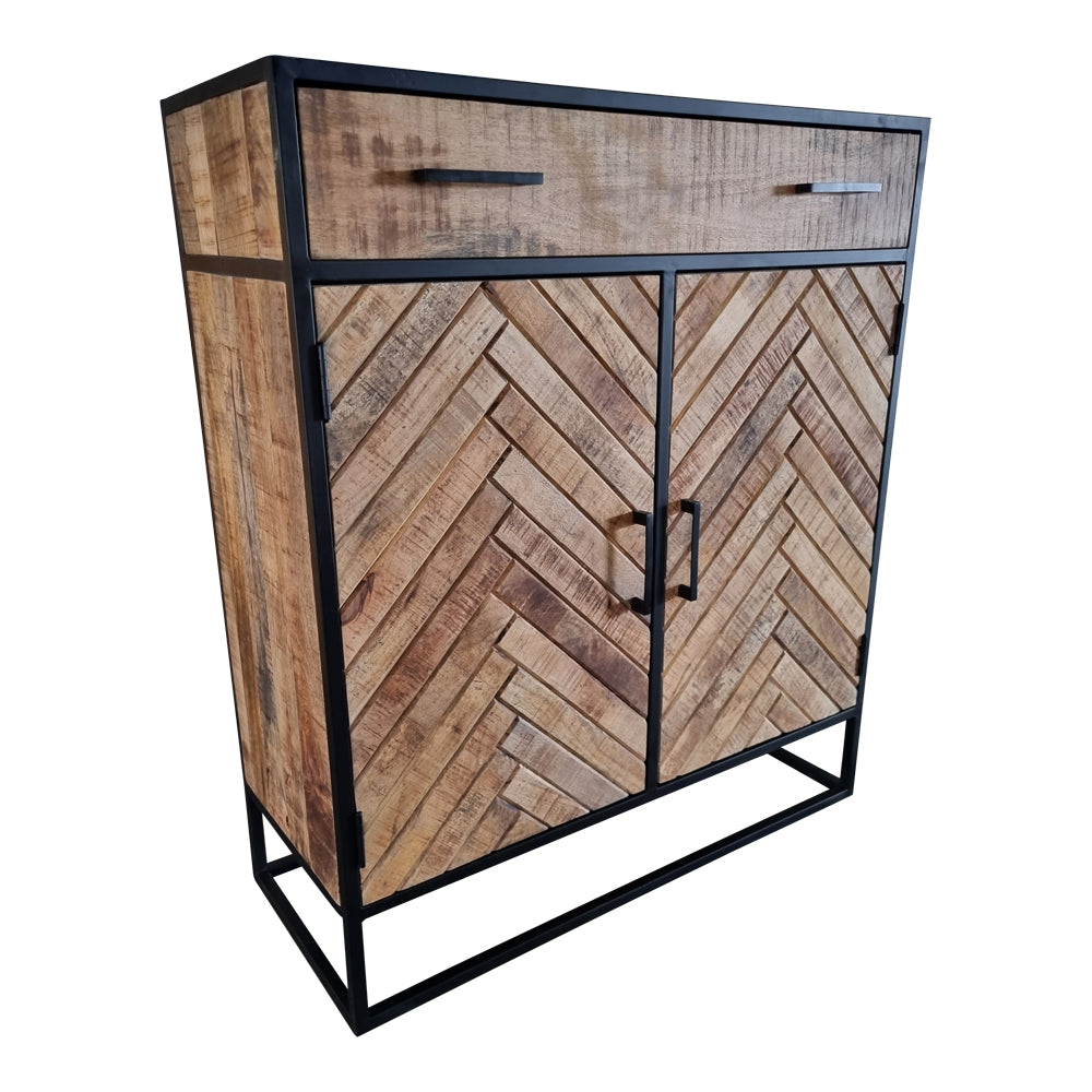 Highboard Aloy – Mangoholz-Kommode mit Fischgrätmuster & Metallgestell, 100×40×115 cm, stilvolles Design