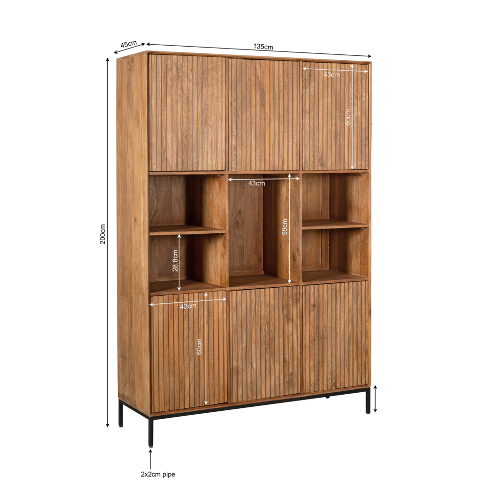 Regal Mandy Natur – Mangoholz mit Lamellenfront, 6 Türen & 5 Fächer, 135 x 45 x 200 cm