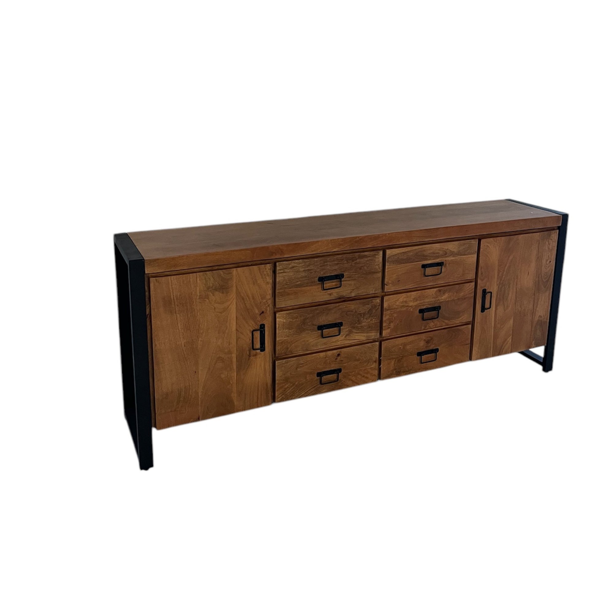 Sideboard Bori Natur – modernes Mangoholz in warmem Finish mit schwarzem Metallgestell, 2 Türen & 6 Schubladen, 200 x 40 x 80 cm