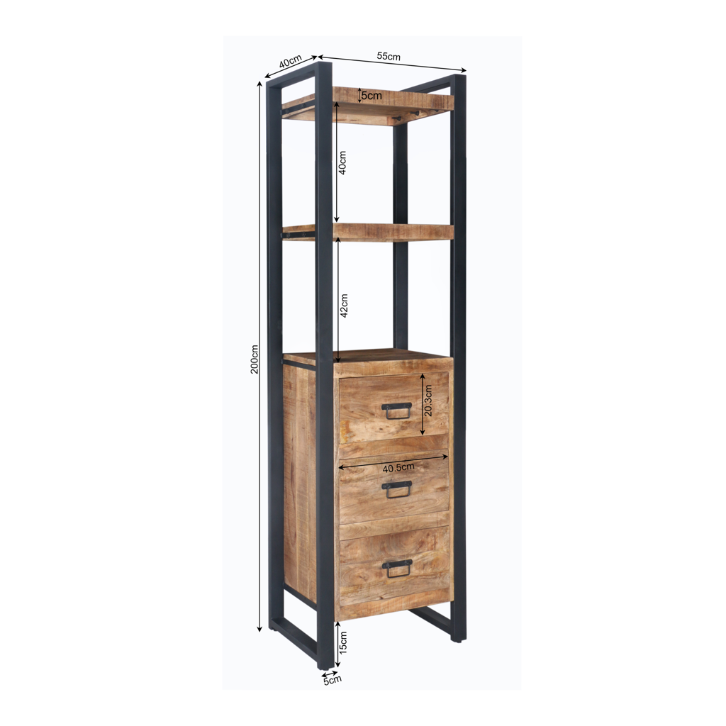 Bücherregal Bori – Mangoholz & Metall, 55 x 40 x 200 cm
