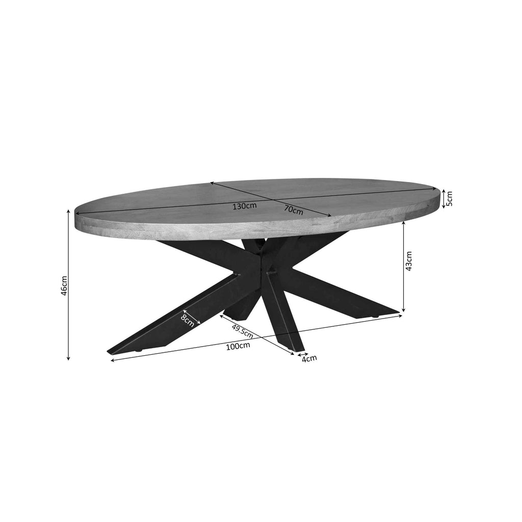 Couchtisch Delta 130x70x46 cm Natur – ovaler Couchtisch aus Mangoholz mit Metallgestell
