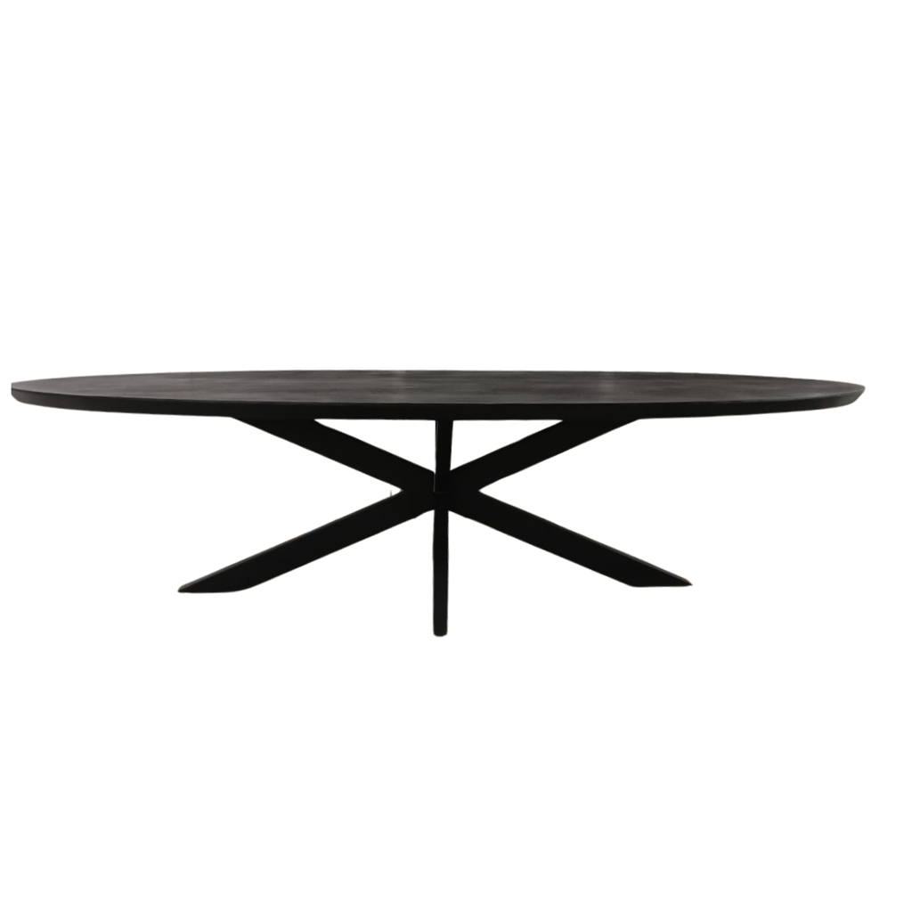 Esstisch Jacky Schwarz – Ovaler Mangoholztisch mit Metallgestell, 180 x 90 x 76 cm, moderne sandgestrahlte Tischplatte