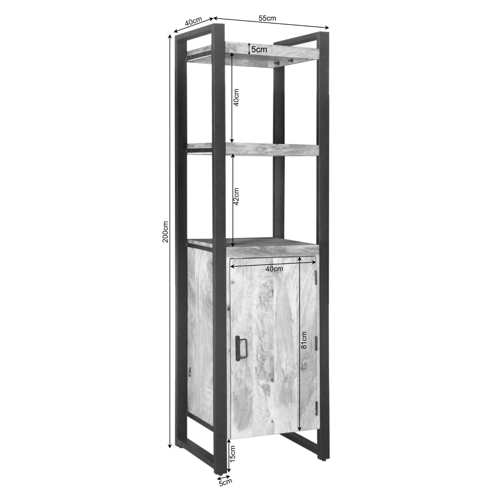 Bücherregal Bori 55x40x200 cm – Massiver Mangoholz Schrank mit Metallrahmen & Tür im modernen Design