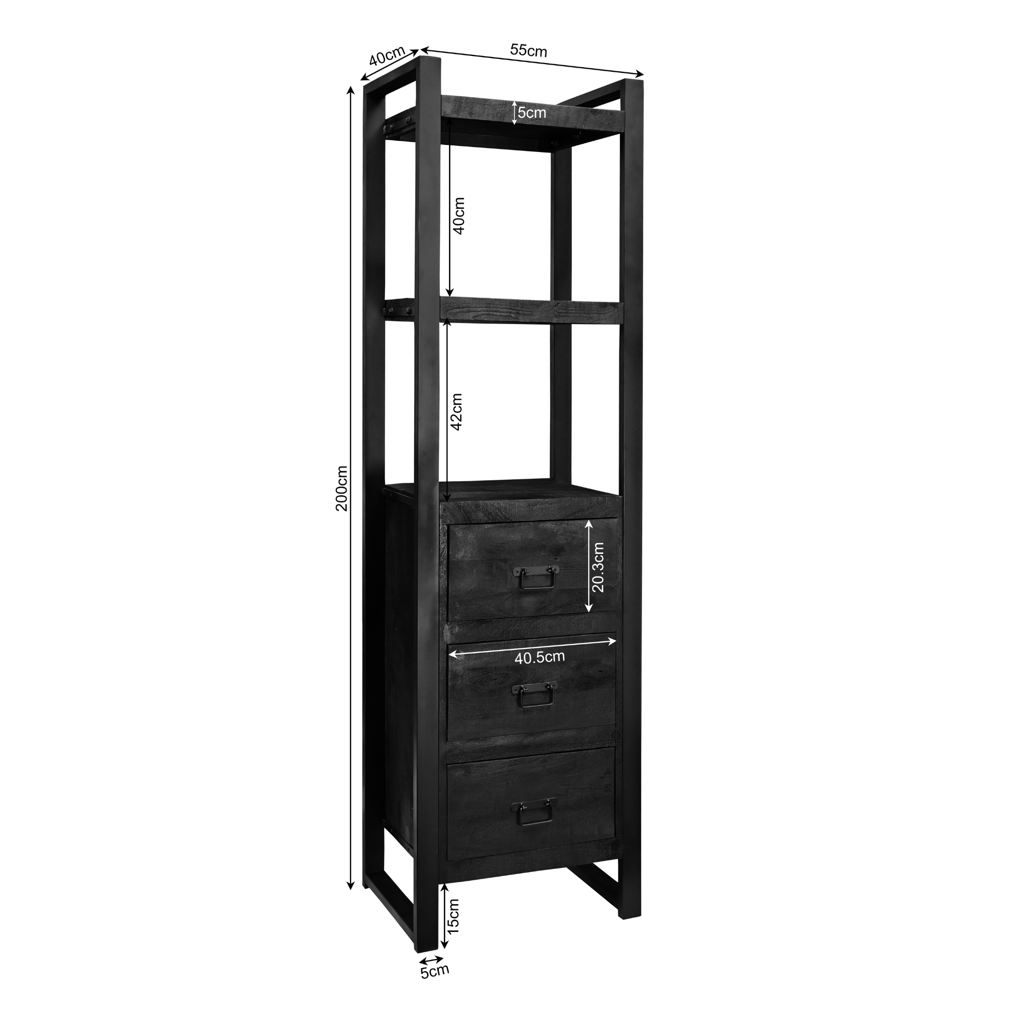 Regalschrank Bori Schwarz 55 x 40 x 200 cm – Mangoholz mit 3 Schubladen & Stauraum