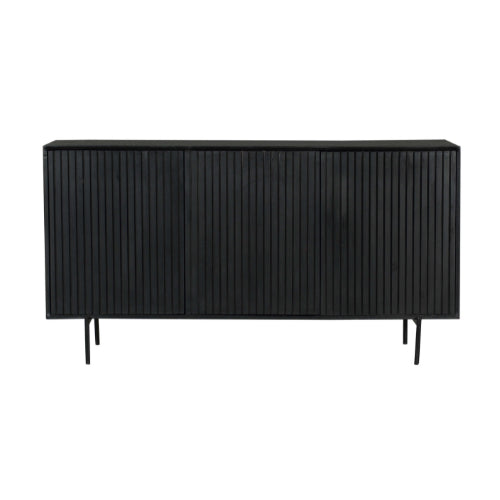 Sideboard Mandy Schwarz – Mangoholz mit Metallrahmen, 3 Türen im Latten-Design, 165 x 45 x 85 cm