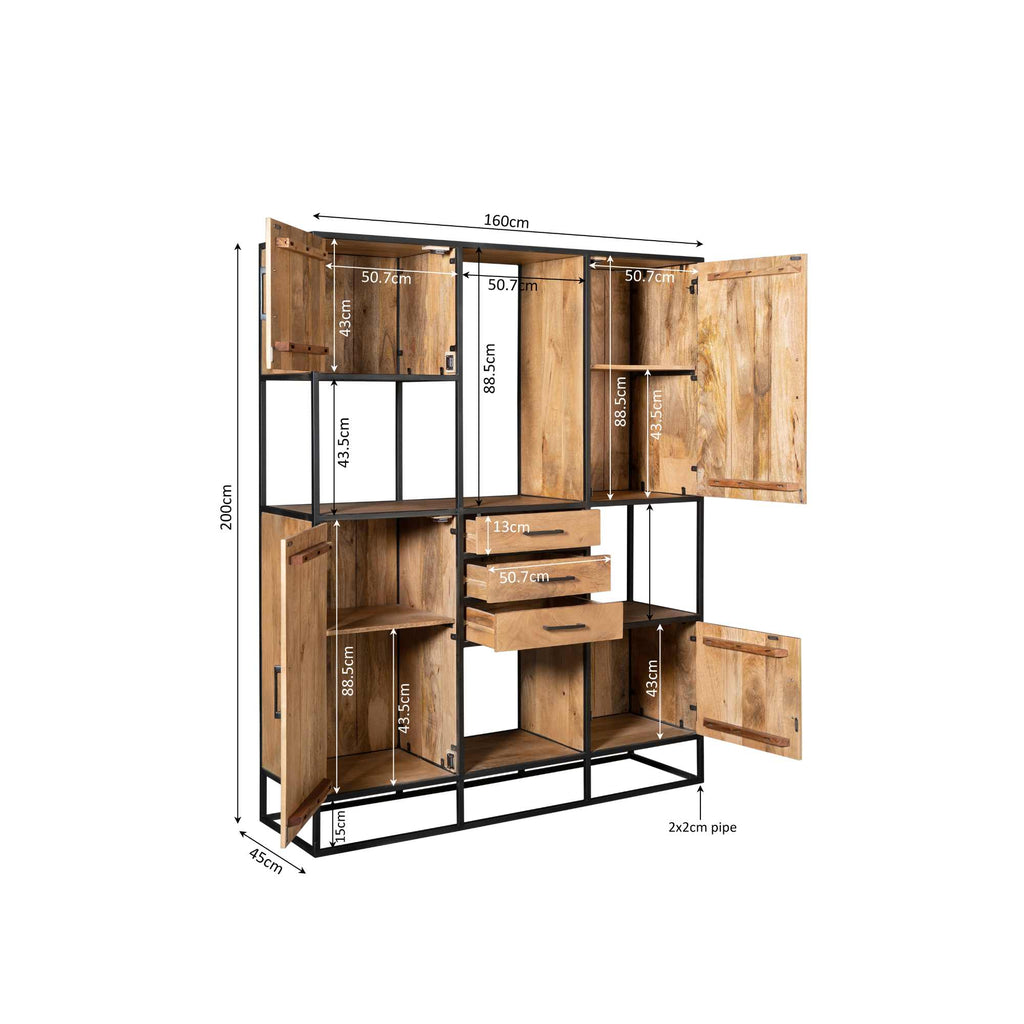 Regalschrank Delta Supreme XXL – Wandschrank aus Mangoholz mit Metallgestell, 2 große & 2 kleine Türen, 3 Schubladen, 160 x 45 x 200 cm