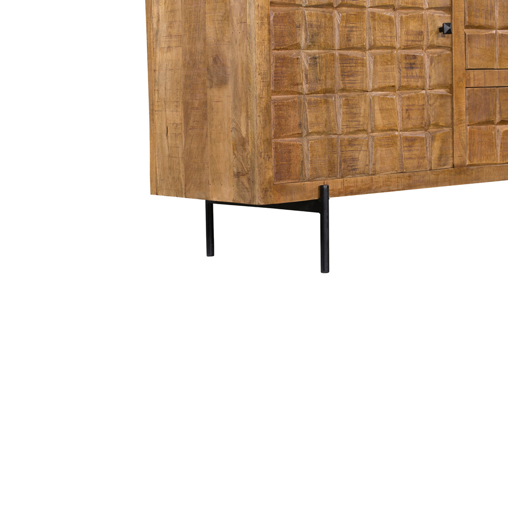 Sideboard Jacky – Mangoholz mit Metallbeinen, 2 Türen & 3 Schubladen, geschnitztes Blockmuster, 160 x 40 x 90 cm