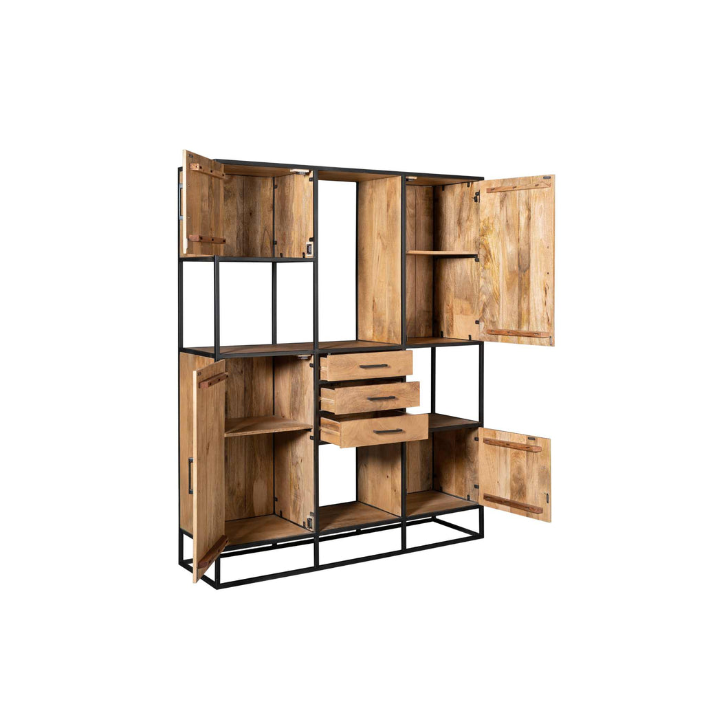Regalschrank Delta Supreme XXL – Wandschrank aus Mangoholz mit Metallgestell, 2 große & 2 kleine Türen, 3 Schubladen, 160 x 45 x 200 cm