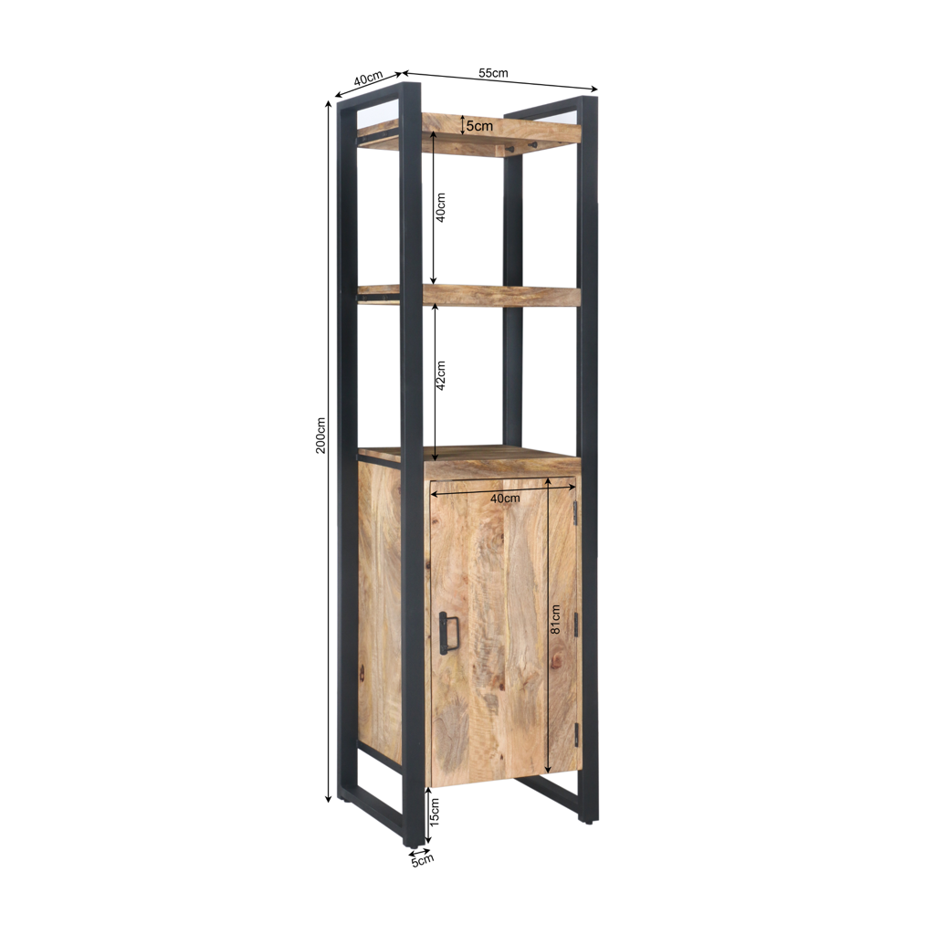 Bücherregal Bori 55x40x200 cm – Massiver Mangoholz Schrank mit Metallrahmen & Tür im modernen Design