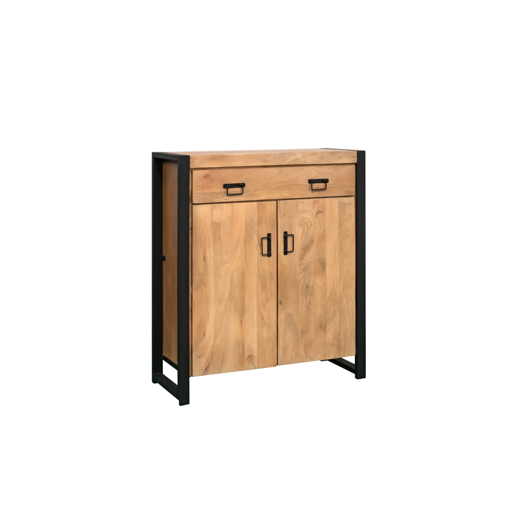 Schrank Bori – Mangoholzschrank 100×40×115 cm mit 2 Türen & 1 Schublade, Metallrahmen Schwarz