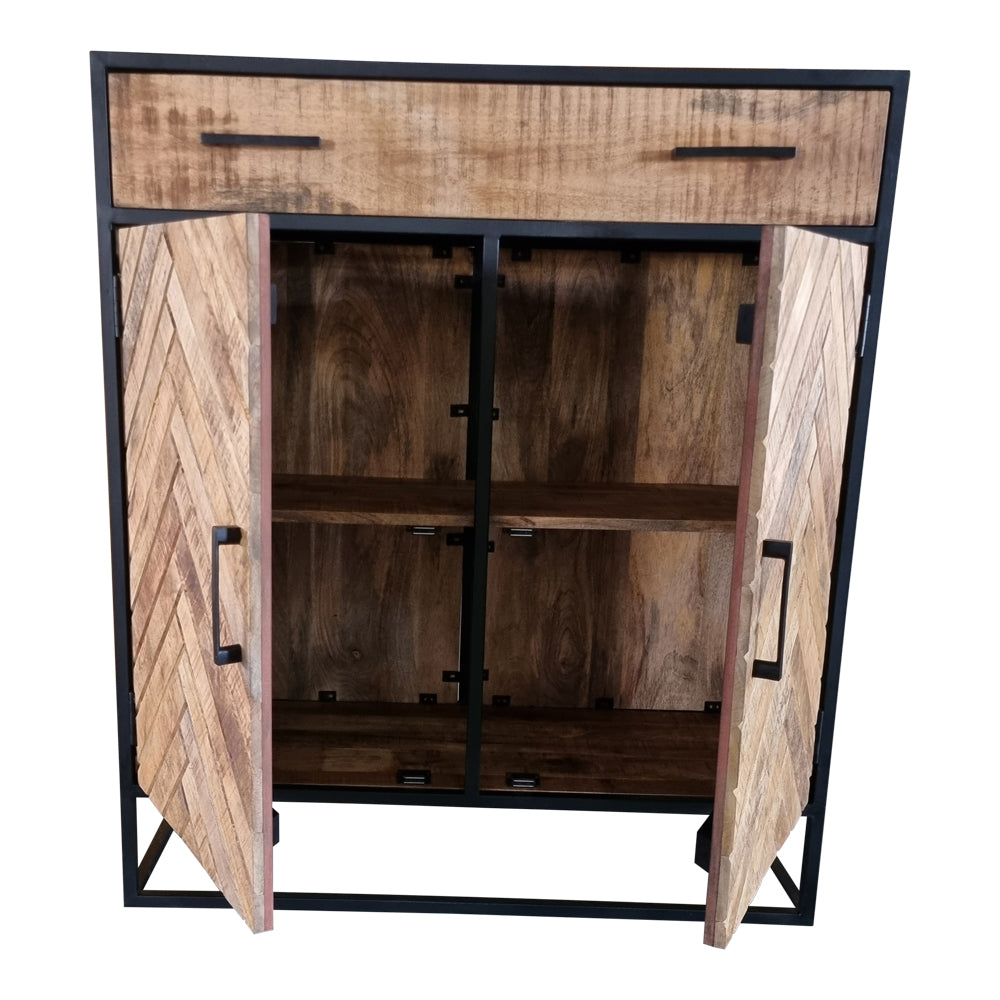 Highboard Aloy – Mangoholz-Kommode mit Fischgrätmuster & Metallgestell, 100×40×115 cm, stilvolles Design