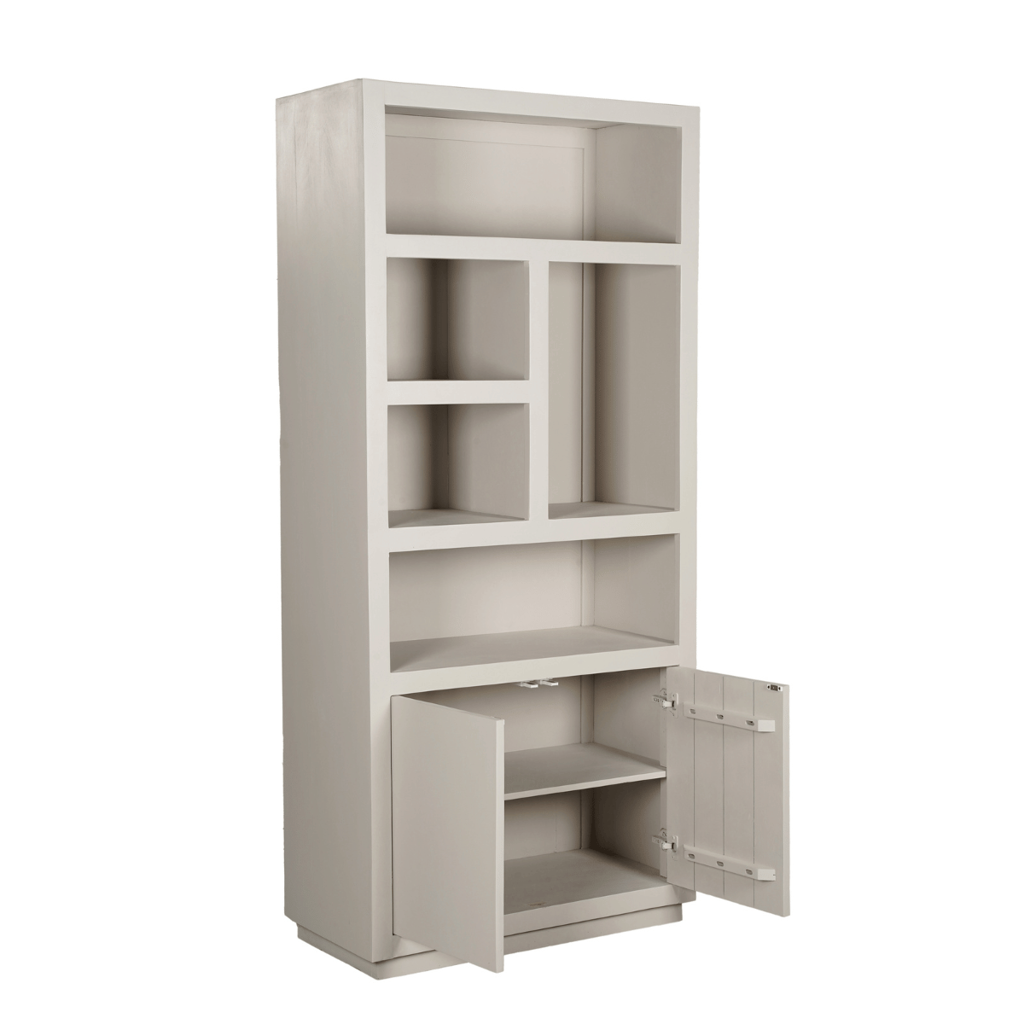 Regal Bali Sand – Standregal aus Mangoholz mit 5 Fächern & 2 Türen, 90 x 45 x 200 cm