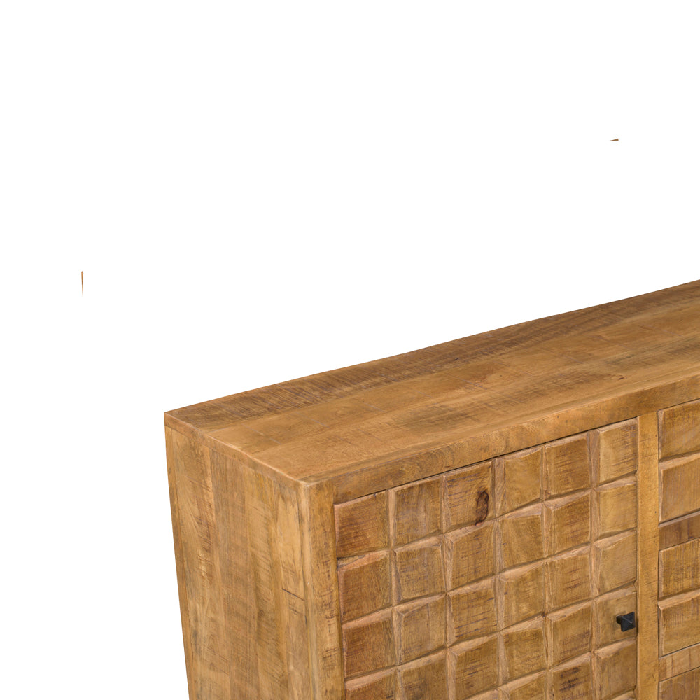 Sideboard Jacky – Mangoholz mit Metallbeinen, 2 Türen & 3 Schubladen, geschnitztes Blockmuster, 160 x 40 x 90 cm