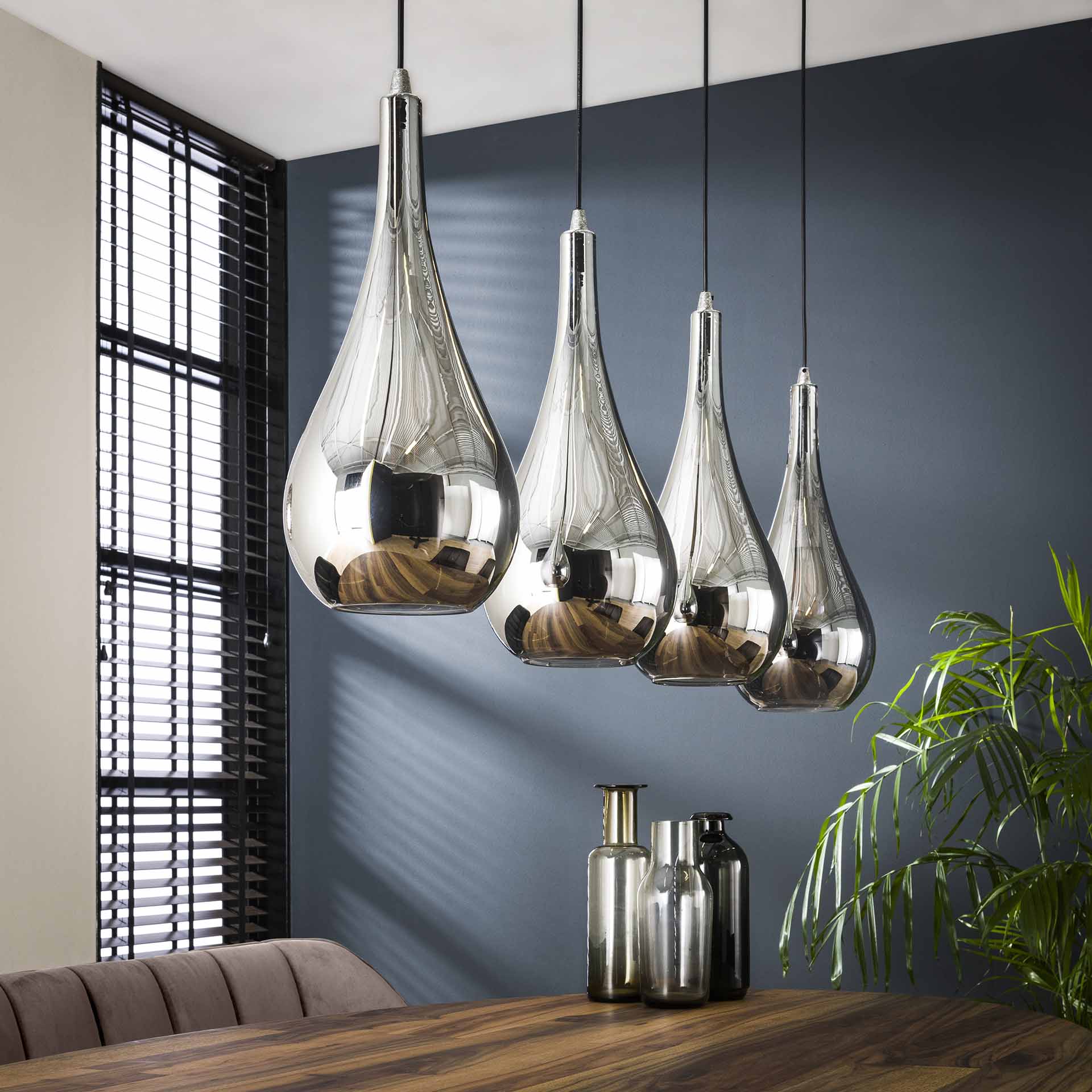 Hängeleuchte Gocce 4-flammig – Glas-Leuchte 130×150×20 cm mit Chromglanz & Spiegeleffekt, höhenverstellbar, E27, LED geeignet