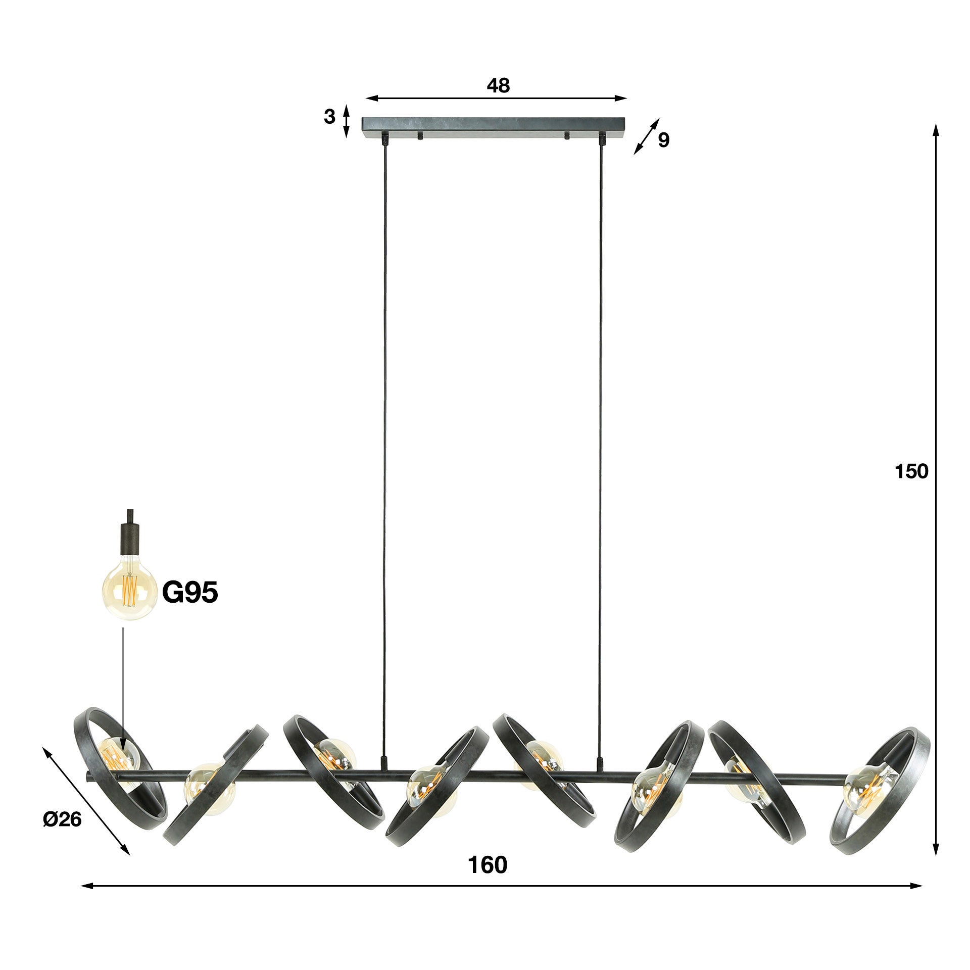 Hängeleuchte Leggero 8-flammig 160x42x150 cm – moderne schwarze Pendelleuchte aus Metall mit Ø26 cm Schirmen, E27 LED geeignet