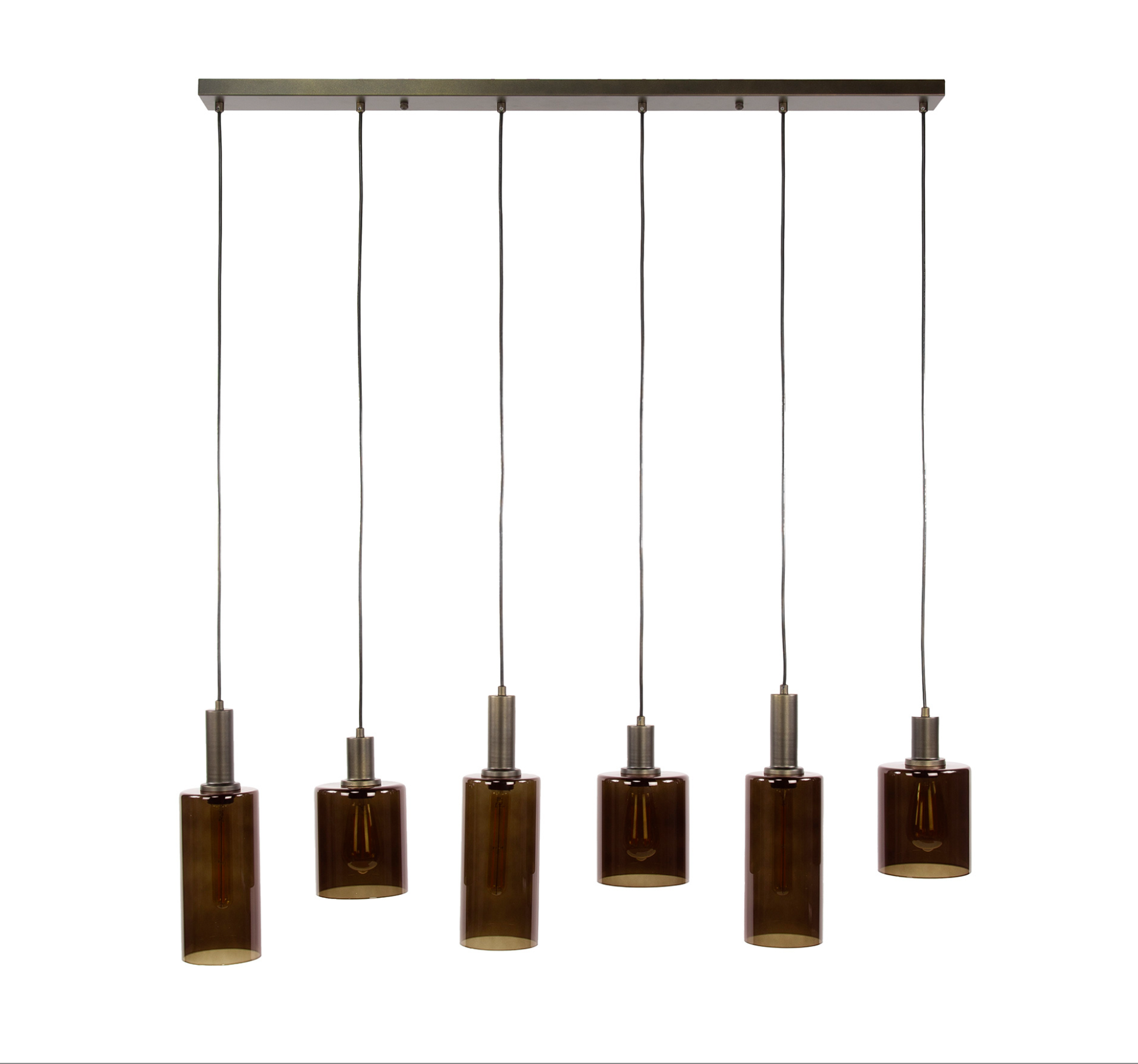 Pendelleuchte Liora – Deckenlampe mit 6 höhenverstellbaren Glasschirmen & Metallhalterung in Bronze, 118 x 14 x 150 cm