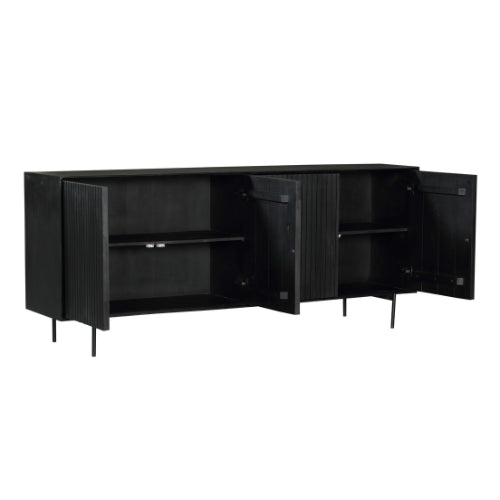 Sideboard Mandy Schwarz – Mangoholz mit Metallrahmen, 4 Türen im Lamellen-Design, modernes Lowboard 210 x 45 x 85 cm