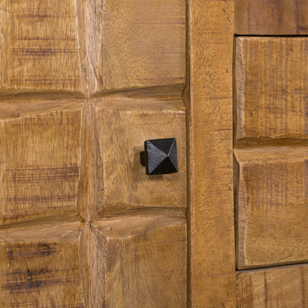 Sideboard Jacky – Mangoholz mit Metallbeinen, 2 Türen & 3 Schubladen, geschnitztes Blockmuster, 160 x 40 x 90 cm