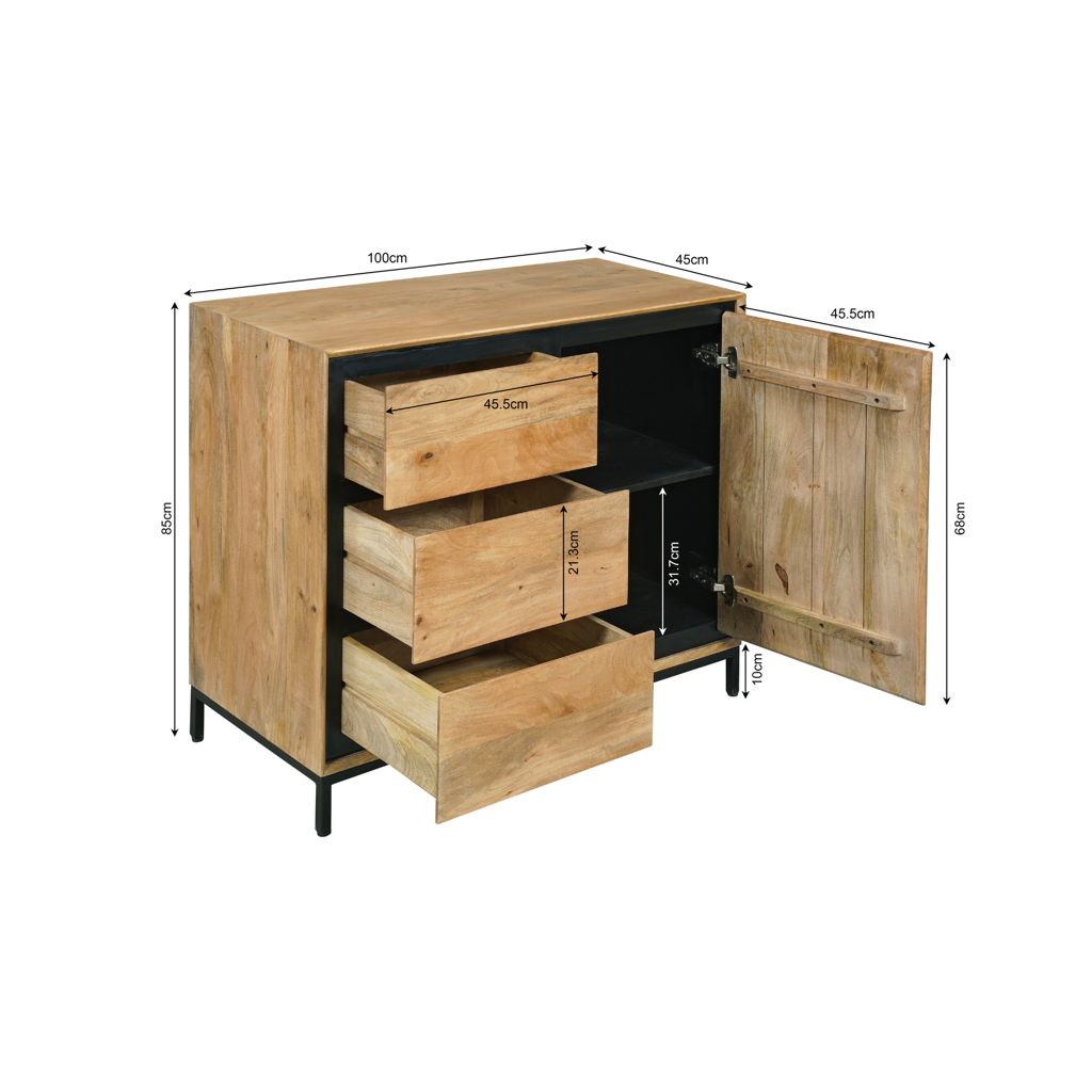 Kommode Rois – Sideboard aus Mangoholz & Metall mit Tür und 3 Schubladen, 100 x 45 x 85 cm