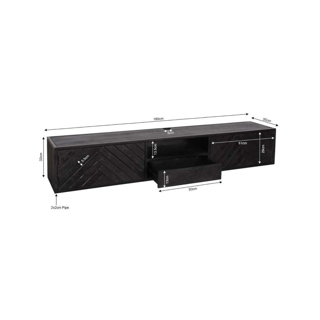 TV-Board Sydney – Lowboard aus Mangoholz mit schwarzem Gestell, modernes Design, 180 x 40 x 55 cm