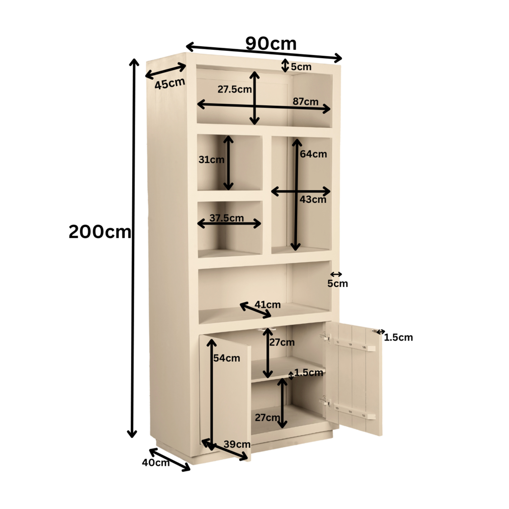 Regal Bali Sand – Standregal aus Mangoholz mit 5 Fächern & 2 Türen, 90 x 45 x 200 cm