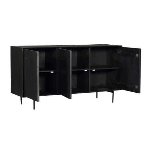 Sideboard Mandy Schwarz – Mangoholz mit Metallrahmen, 3 Türen im Latten-Design, 165 x 45 x 85 cm