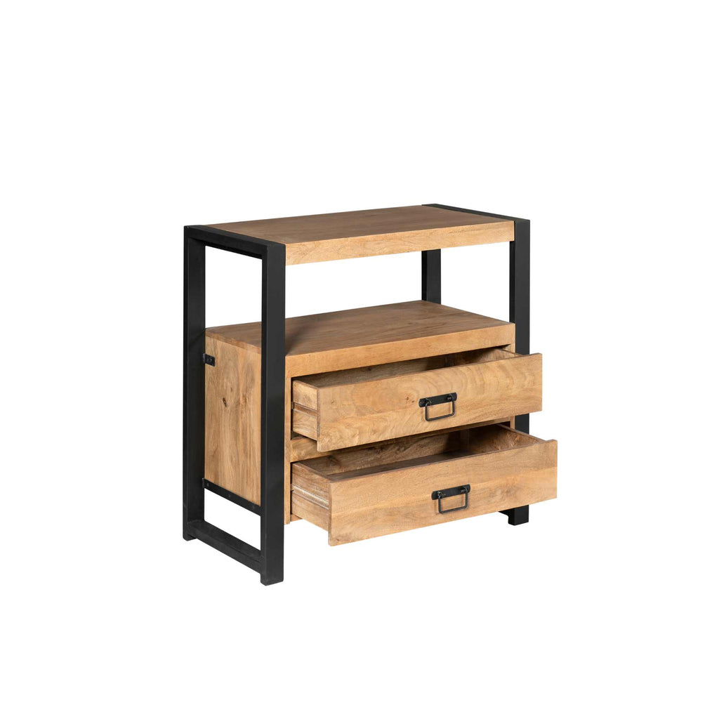 Kommode Bori Schwarz – Mangoholz Schubladenschrank mit Metallgestell & Lamellen-Optik, 80×80×40 cm, 2 Schubladen. Elegante Wohnkommode im zeitlosen Design
