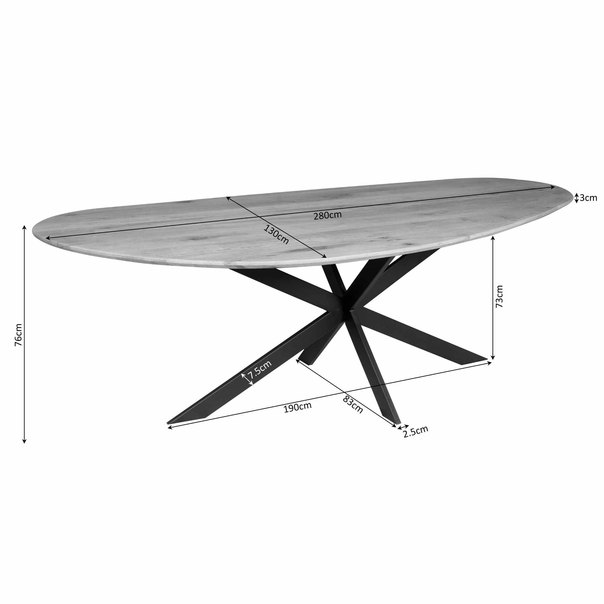 Esstisch Sky 280x130x76 cm – schwarze organische Tischplatte aus FSC-zertifizierter Eiche & Matrixgestell Metall