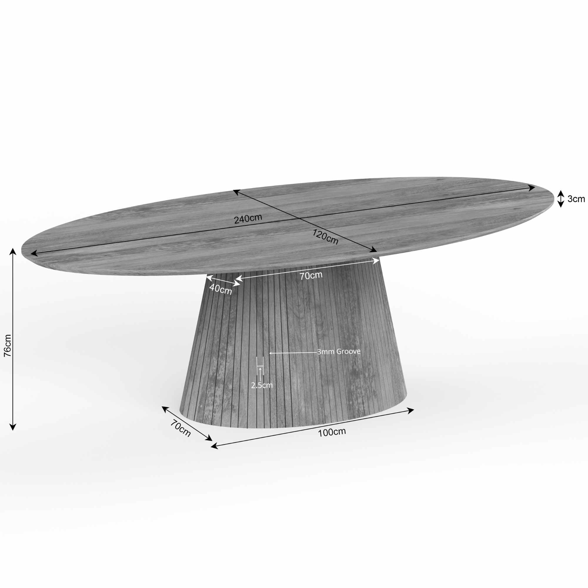 Esstisch Sole Taupe 240x120x76 cm – Ovaler Tisch aus Mangoholz mit modernem Lattenmuster