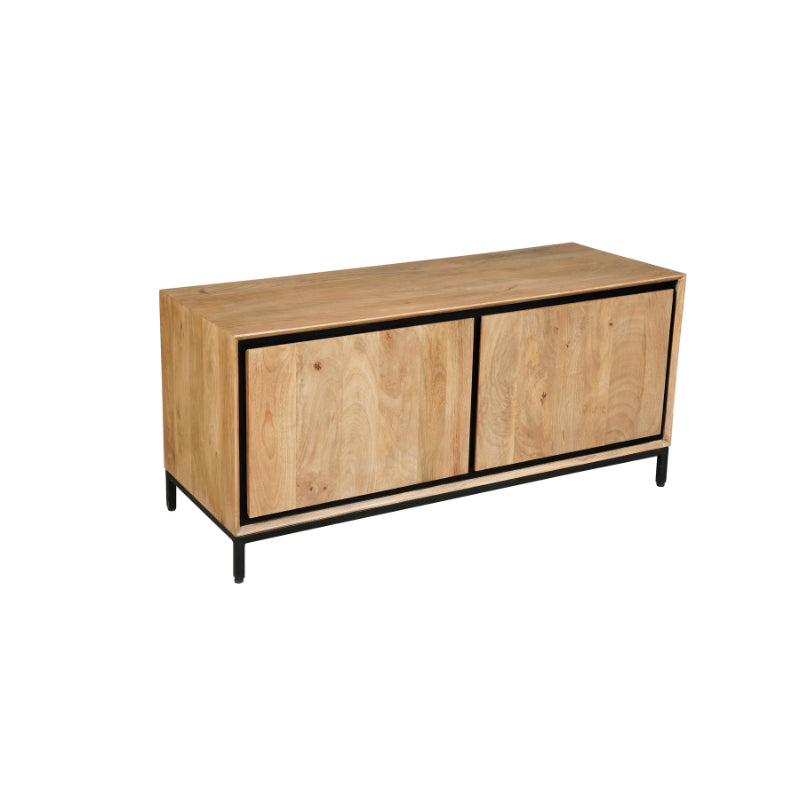 TV-Kommode Rois – Mangoholz Lowboard mit schwarzem Metallrahmen, 120×55×45 cm, 2 grifflosen Türen im modernen Design