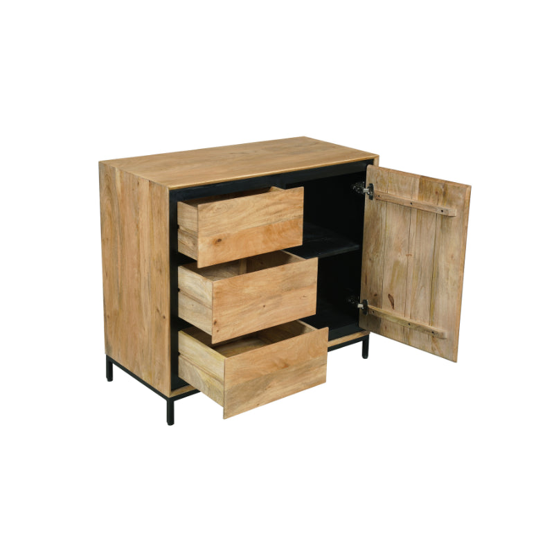 Kommode Rois – Sideboard aus Mangoholz & Metall mit Tür und 3 Schubladen, 100 x 45 x 85 cm