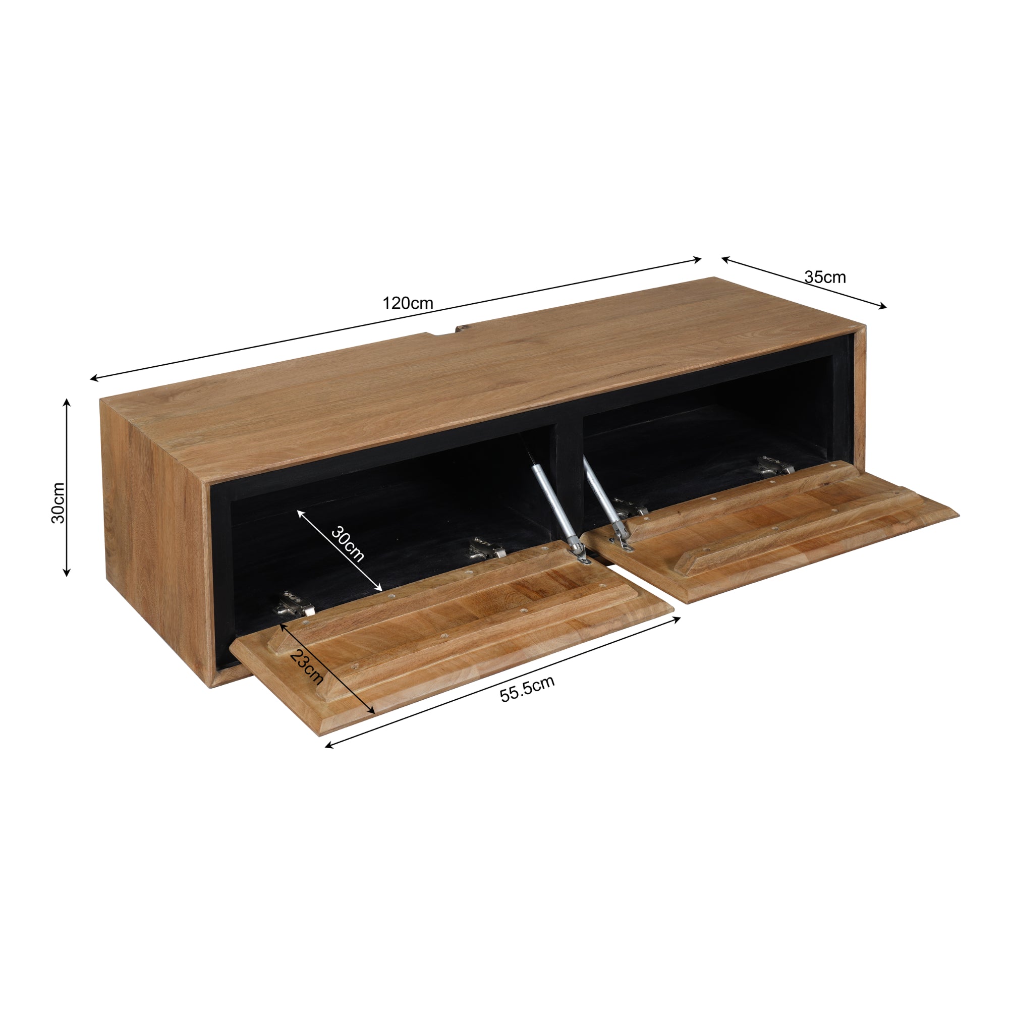 Schwebendes TV-Board Rois – Mangoholz Lowboard mit Metallakzenten, 120×30×35 cm, 2 grifflose Türen & modernes Design