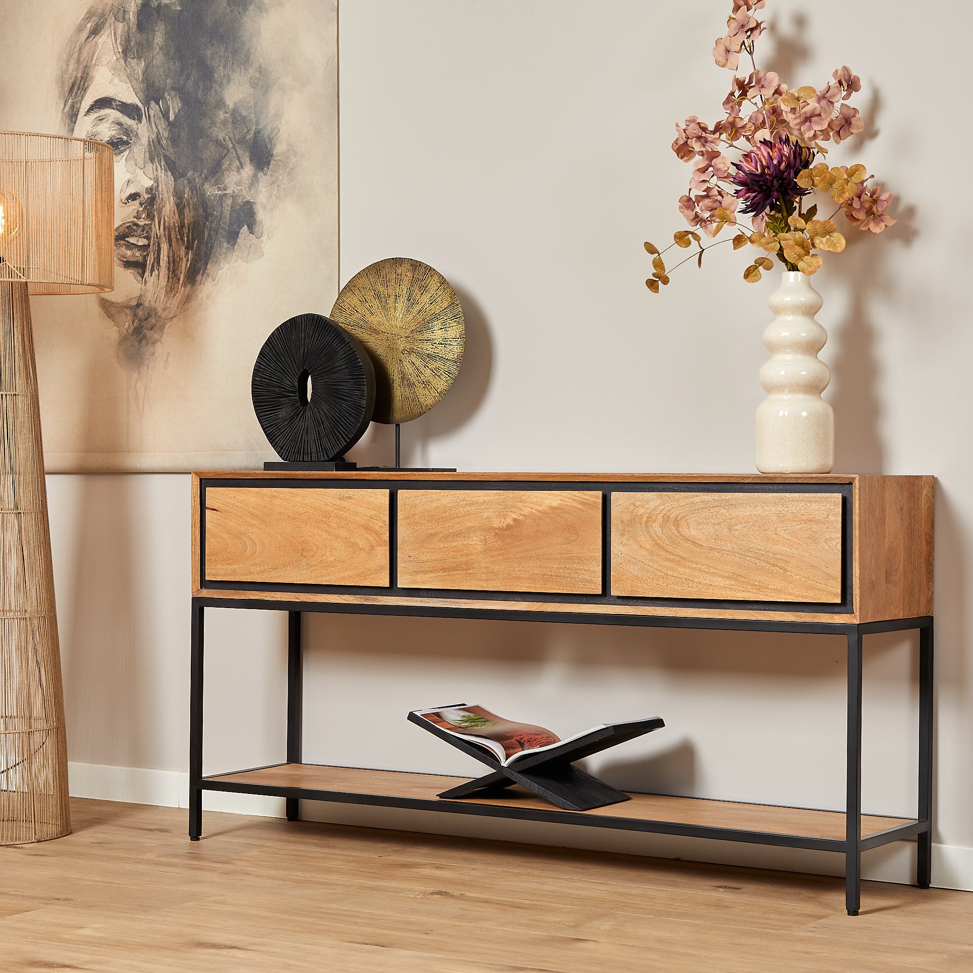 Konsolentisch Rois Mango Natur 150x35x76 cm – moderner Tisch mit 3 Schubladen & Metallgestell