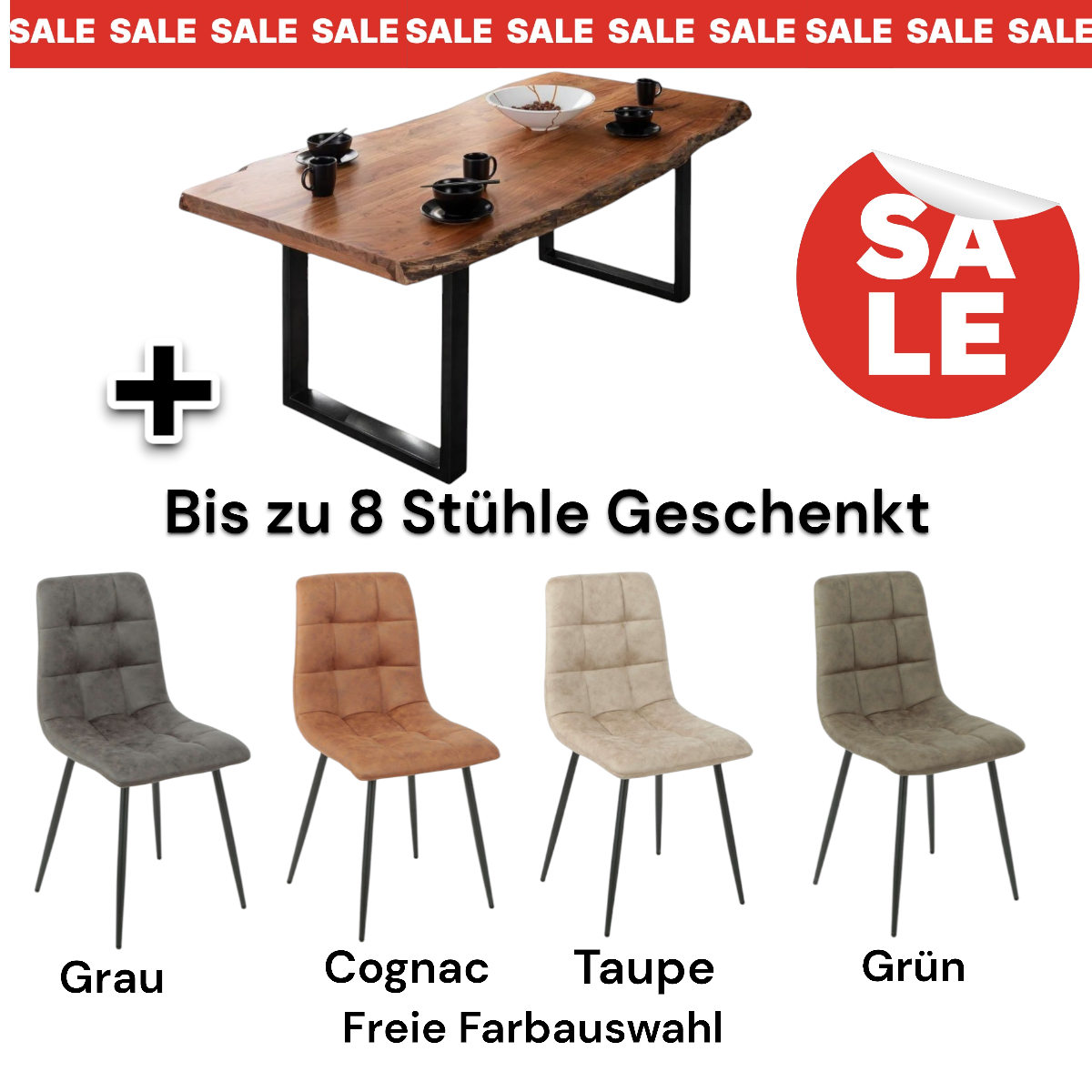 Akazie Esstisch Set + Bis zu 8 Stühle Geschenkt