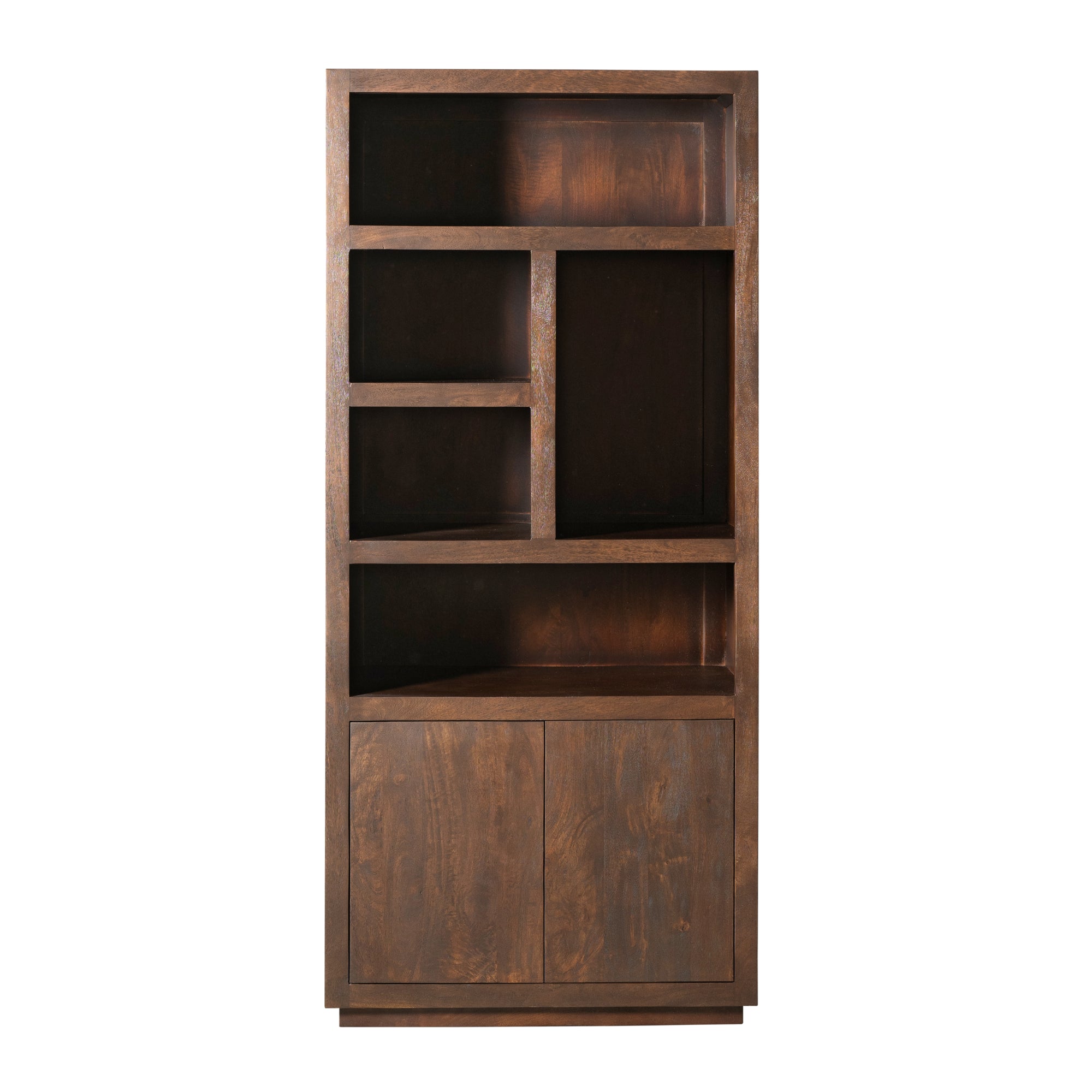 Bücherregal Bali Braun 90x45x200 cm – modernes Mangoholz Regal mit 5 offenen Fächern & 2 Türen