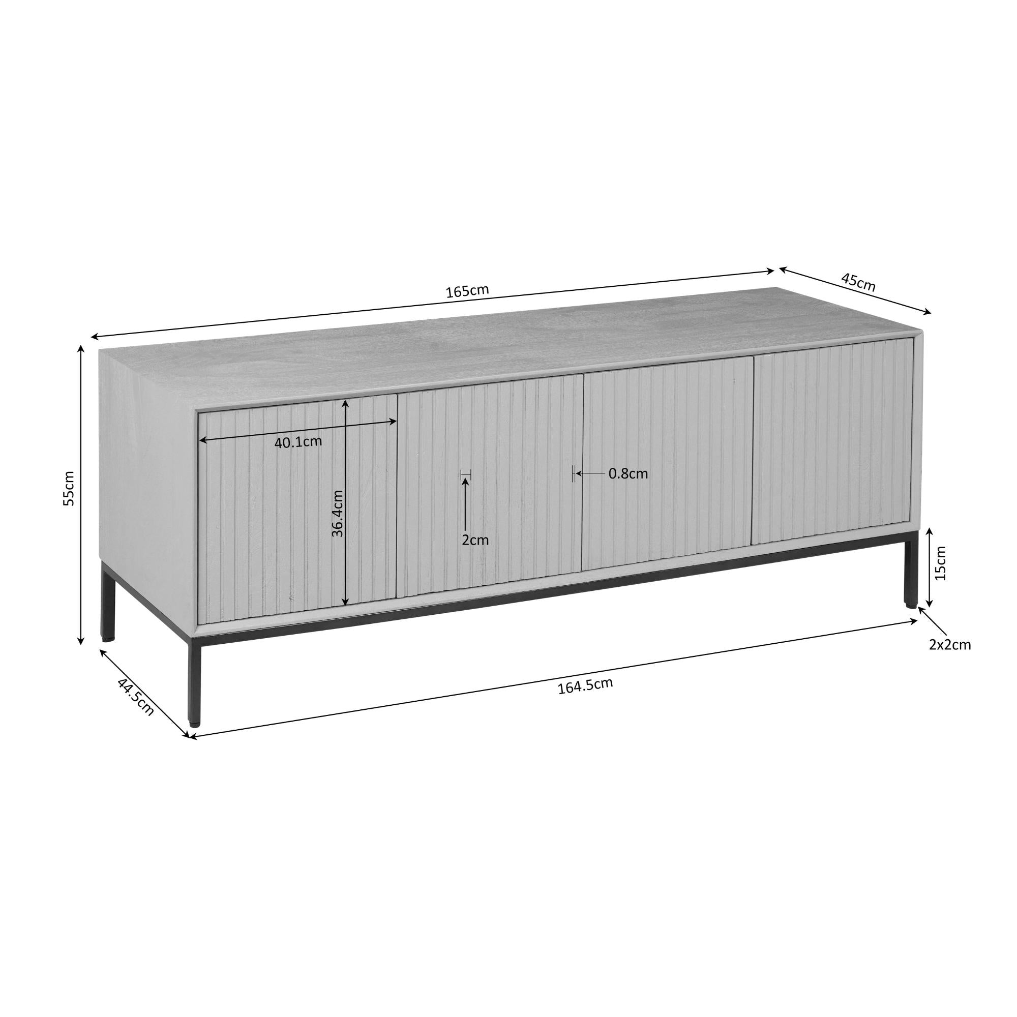 TV-Board Mandy Braun 165x45x55 cm – Lowboard aus Mangoholz mit Lamellenfront & Push-to-Open Türen